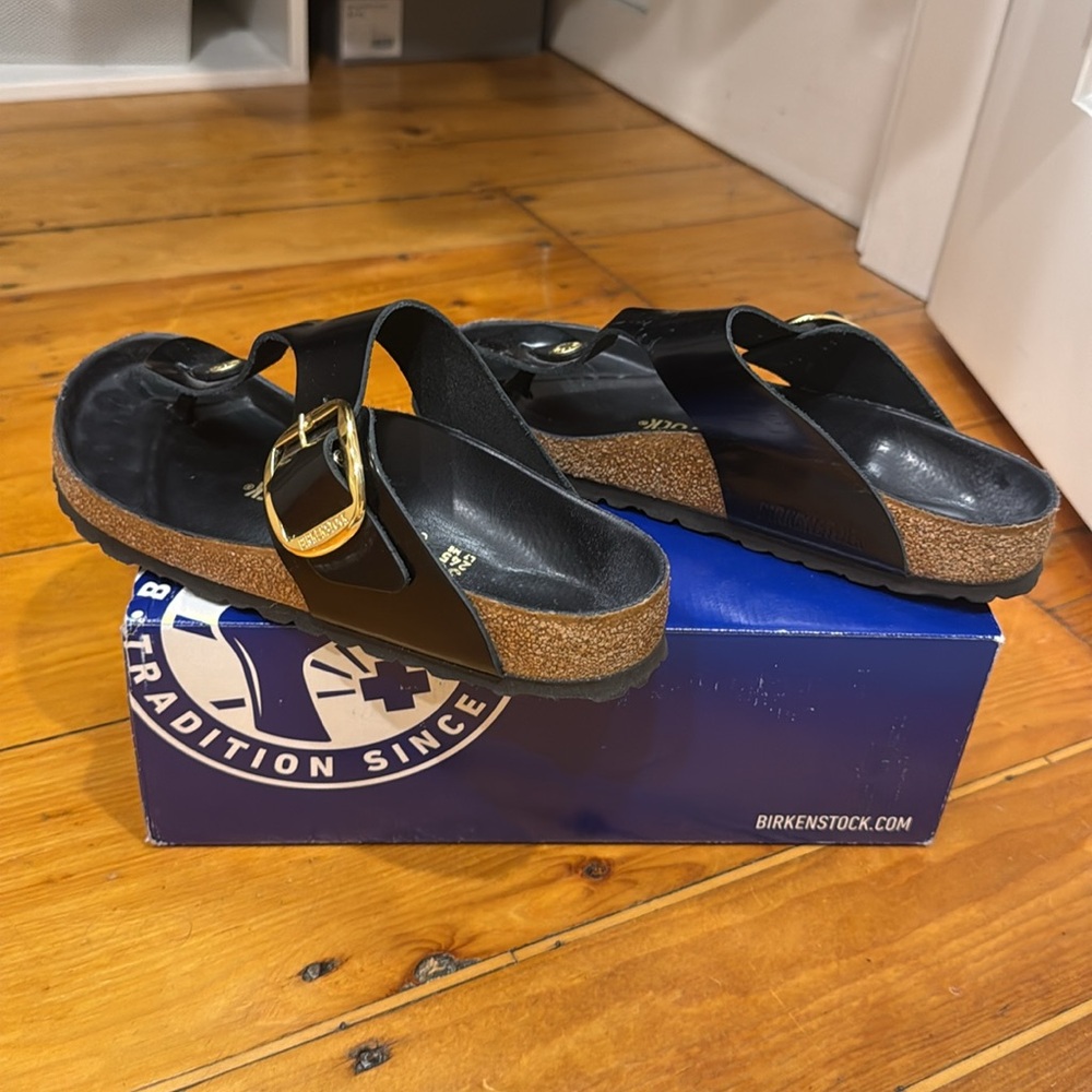 Black Birkenstock Sandals - big buckle - leather footbed.